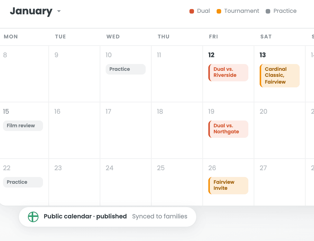 Season calendar with duals, tournaments, and practices