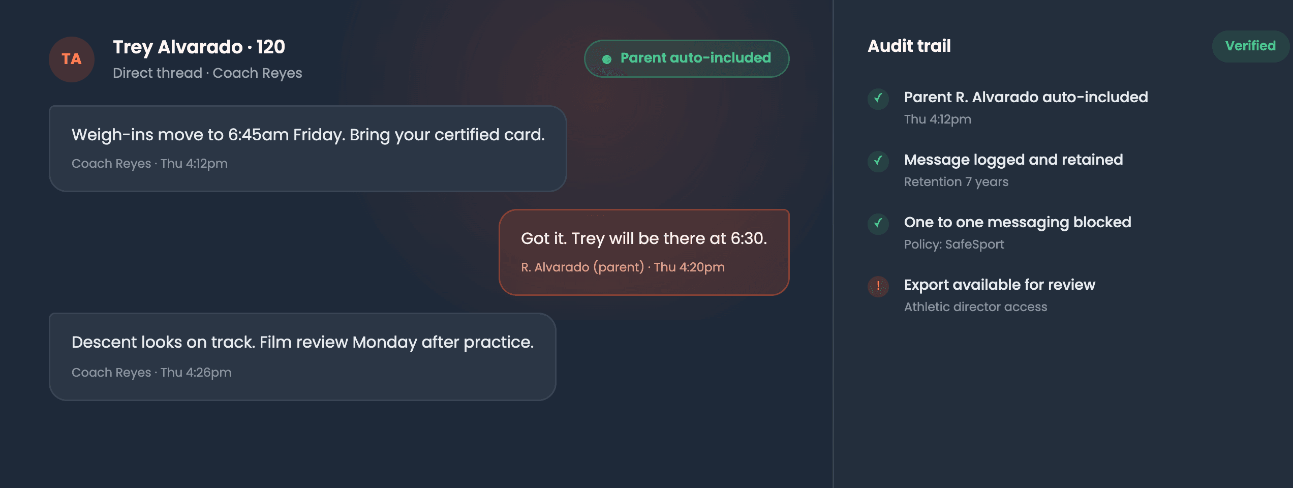 SafeSport-compliant thread with a guardian auto-included